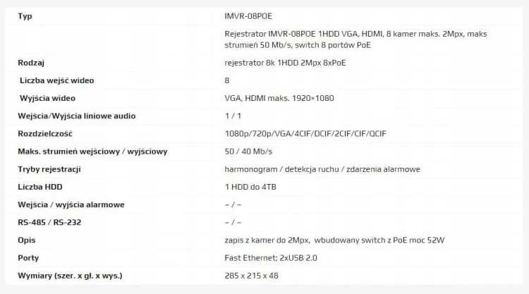 MAZi IMVR-08POEREJESTRATOR IP 8 KANAŁÓW, 8XPOE