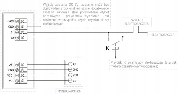 Wideodomofon KENWEI KW-E705FC/W100-W
/ S201C-1BS-D schemat połączeń