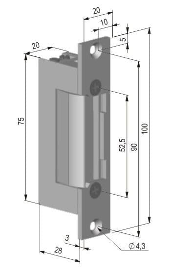 Wymiary elektrozaczep symetryczny SCOT ES-S12AC/DC-B z blokadą 12V AC/DC + listwa montażowa GRATIS