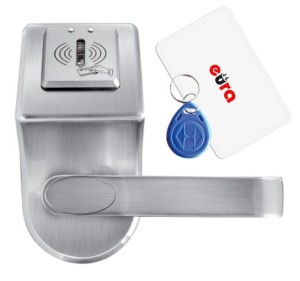 Klamka zamek szyfrowy na kartę szyld Eura ELH-60B9 silver z czytnikiem RFID, uniwersalny rozstaw śrub mocujących