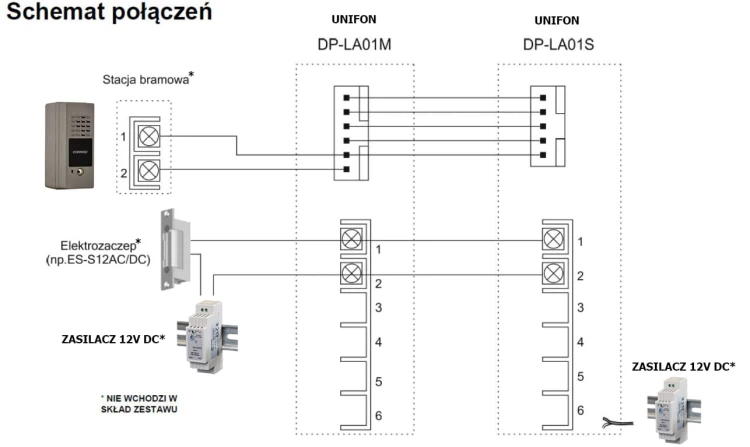 Schemat podłączenia unifonów Commax DP-LA01 12V