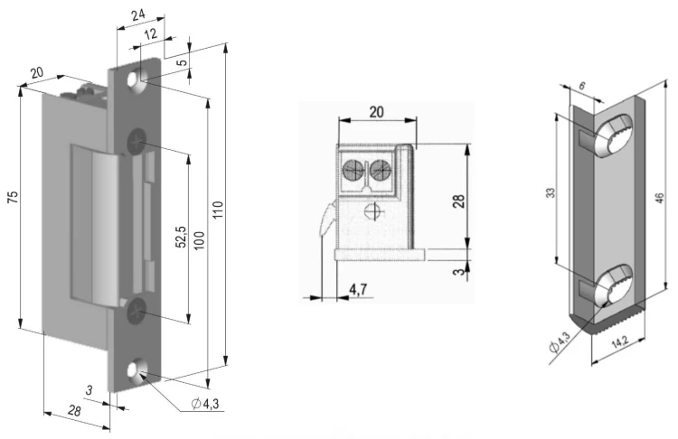 Wymiary elektrozaczep standardowy Scot ES-S12AC/DC PROFI, 5lat gwarancji