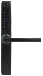KLAMKA Z KONTROLEREM DOSTĘPU ''EURA'' ELH-20H4 - czarna, wąska szyfrator, czytnik Mifare 13,56 MHz, czytnik biometryczny, IP55, App TTLock/ TTHotel