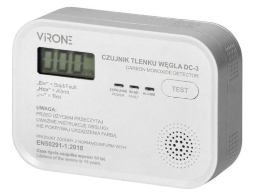 DC-3 Bateryjny czujnik tlenku węgla z przyciskiem TEST, żywotność 10 lat, zgodność z normą EN 50291-1:2018