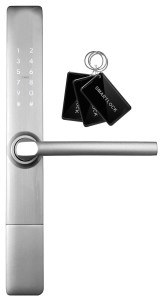 KLAMKA Z KONTROLEREM DOSTĘPU ''EURA'' ELH-71H4 silver - długi, wąskoprofilowy, szyfrator, czytnik Mifare 13,56 MHz