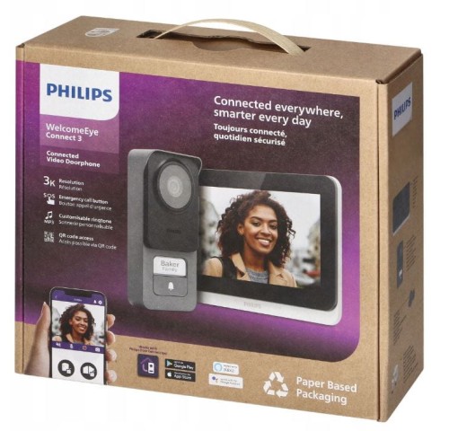Philips WelcomeEye Connect 3, zestaw wideodomofonowy, 2-żyłowy, Wi-Fi, ekran dotykowy 7", menu OSD, WI-FI + APP na telefon, 3K, RFID