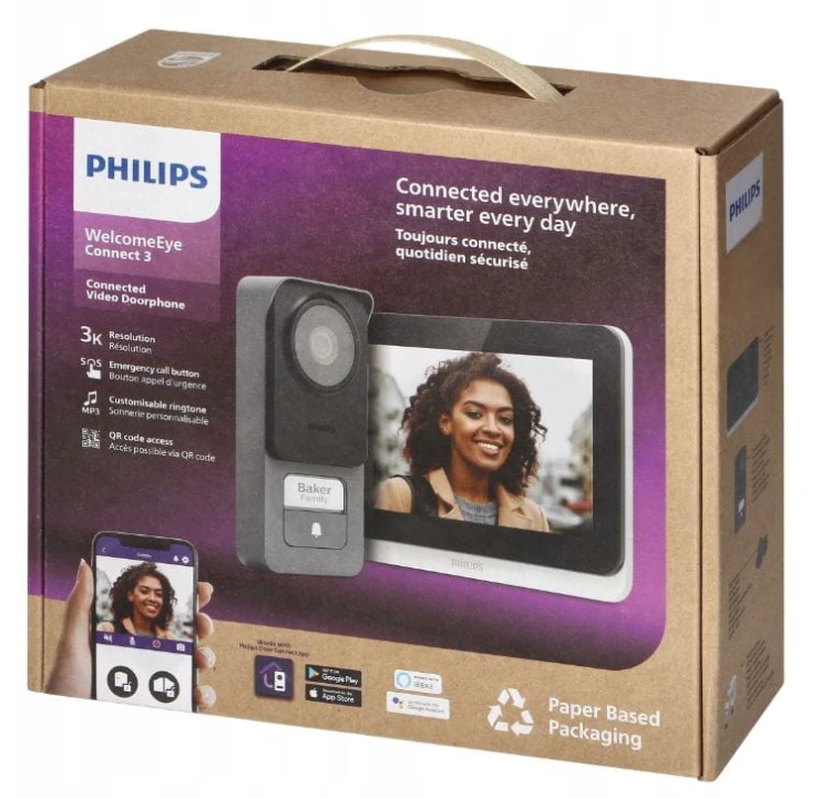 Philips WelcomeEye Connect 3, zestaw wideodomofonowy, 2-żyłowy, Wi-Fi, ekran dotykowy 7", menu OSD, WI-FI + APP na telefon, 3K, RFID