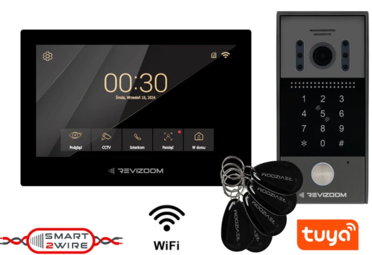 Wideodomofon Smart 7" głośnomówiący HD z kamerą natynkową szerokokątna z klawiaturą numeryczną i czytnikiem RFID, Wi-Fi.