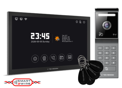 Wideodomofon REVIZOOM RM-T205HD2 BLACK + RC-215HD2-CK: ekran 10", Full HD, WiFi, Tuya, RFID, klawiatura PIN, 2-żyłowy, obsługa 32 kamer IP.