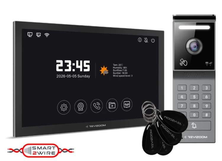 Wideodomofon REVIZOOM RM-T205HD2 BLACK + RC-215HD2-CK: ekran 10", Full HD, WiFi, Tuya, RFID, klawiatura PIN, 2-żyłowy, obsługa 32 kamer IP.