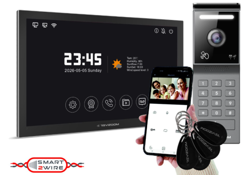 Wideodomofon REVIZOOM RM-T205HD2 BLACK + RC-215HD2-CK: ekran 10", Full HD, WiFi, Tuya, RFID, klawiatura PIN, 2-żyłowy, obsługa 32 kamer IP.