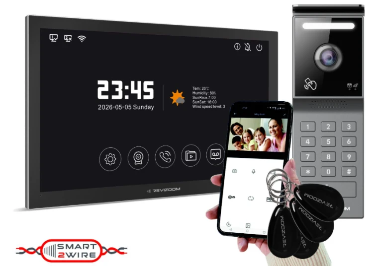 Wideodomofon REVIZOOM RM-T205HD2 BLACK + RC-215HD2-CK: ekran 10", Full HD, WiFi, Tuya, RFID, klawiatura PIN, 2-żyłowy, obsługa 32 kamer IP.