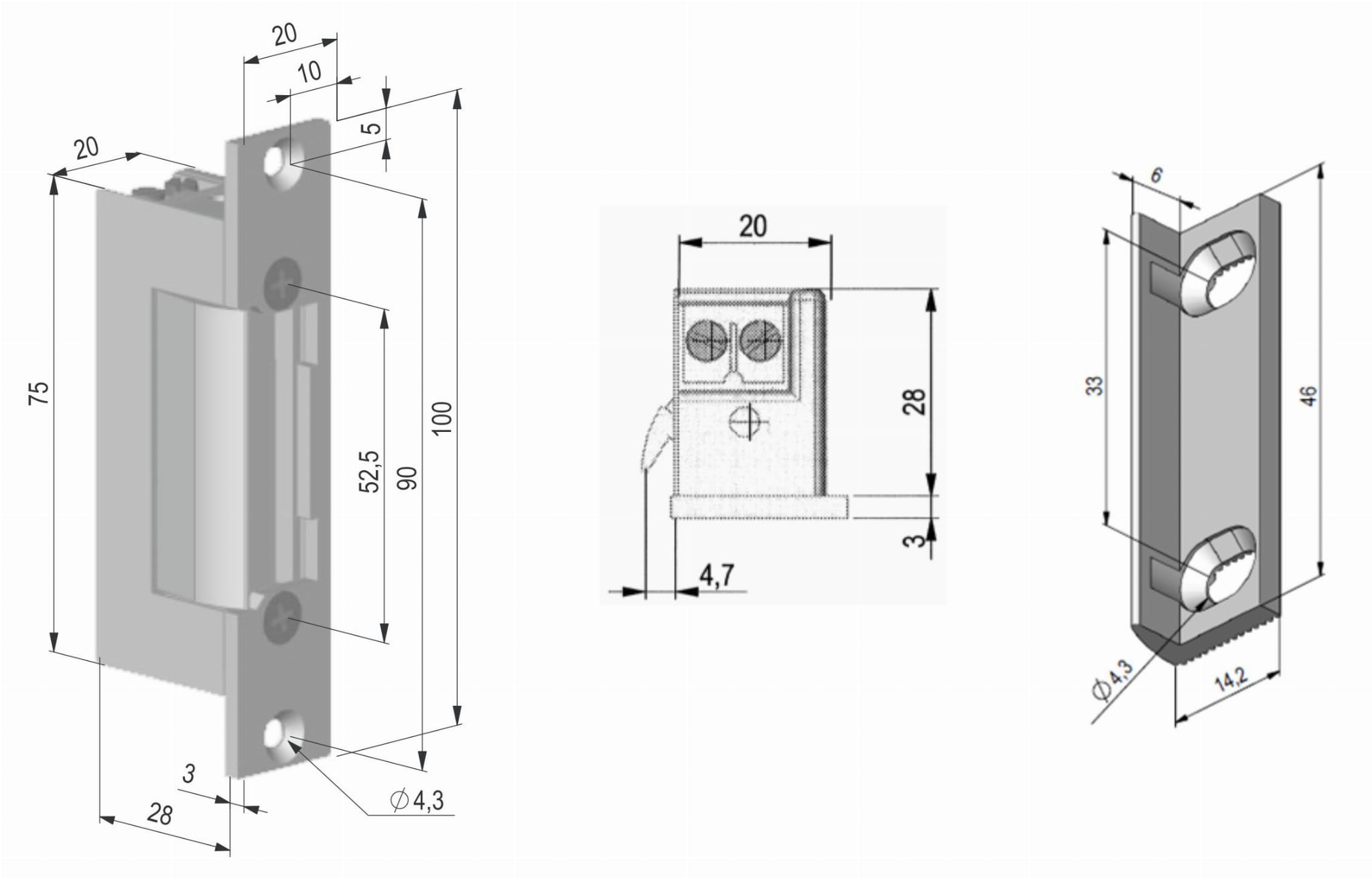 Wymiary elektrozaczep SCOT ES-S12AC/DC-MB z Pamięcią i Blokadą 8-12V AC/DC
