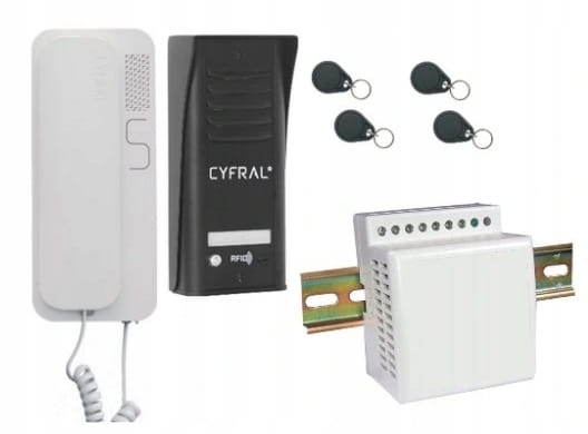 Domofon Cyfral COSMO z czytnikiem RFID, 4 brelokami zbliżeniowymi i instalacją dwuprzewodową. Otwieranie furtki, aluminiowa kaseta zewnętrzna i niezawodna komunikacja.