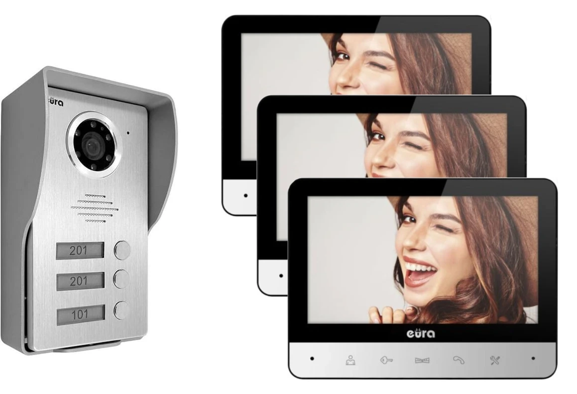 Wideodomofon 3-Rodzinny EURA VDA-24A3 + 3x Monitor 7" Furtka i Brama